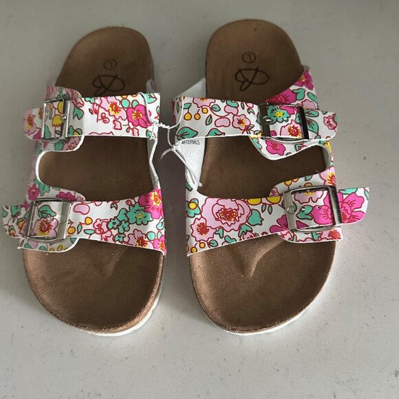Girls  Floral Cork Sole Sandals With Adjustable Straps & Buckle Closure Size L - Picture 1 of 7